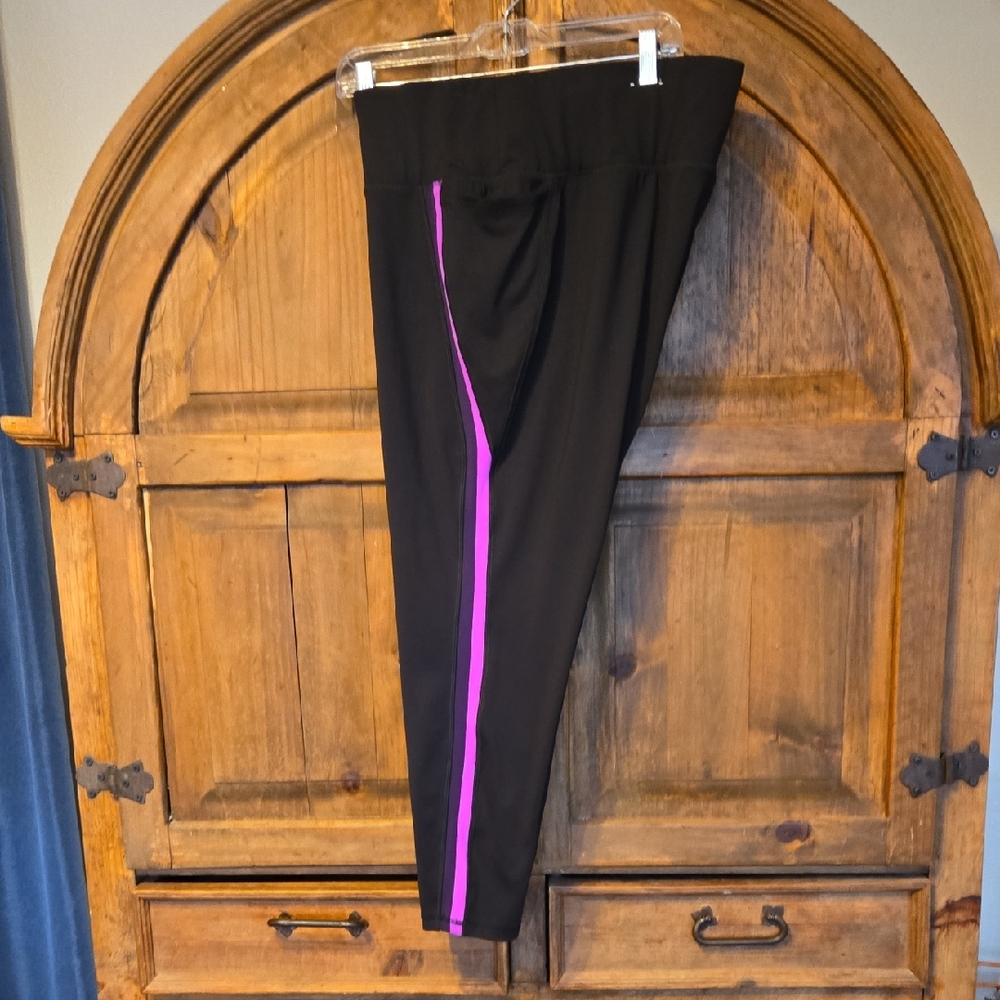 Livi Active Black Leggings with Purple/Pink Stripe